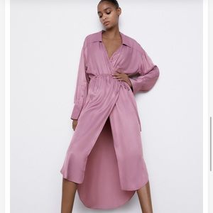 NWT Zara satin wrap dress |zara midi dress|zara pink long sleeve dress XL